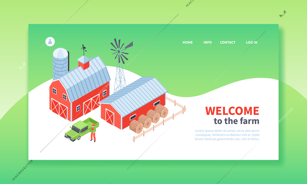 Isometric farm horizontal banner website design with editable text clickable captions and images of farmstead buildings vector illustration