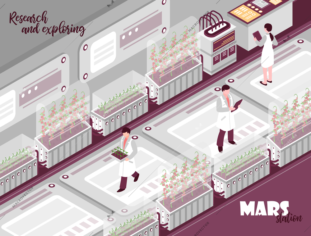 Isometric mars colonization laboratory composition with indoor view of laboratory with scientists test tubes and text vector illustration