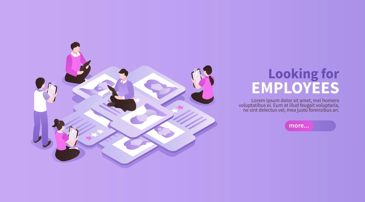 Isometric job search recruitment color background with editable text learn more button people and application papers vector illustration