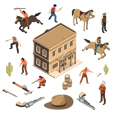 Wild west cowboys and native americans with weapon sheriff building of saloon isometric set isolated vector illustration