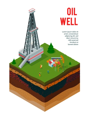 Isometric oil industry background with editable text and view of ground layers with oil derrick constructions vector illustration
