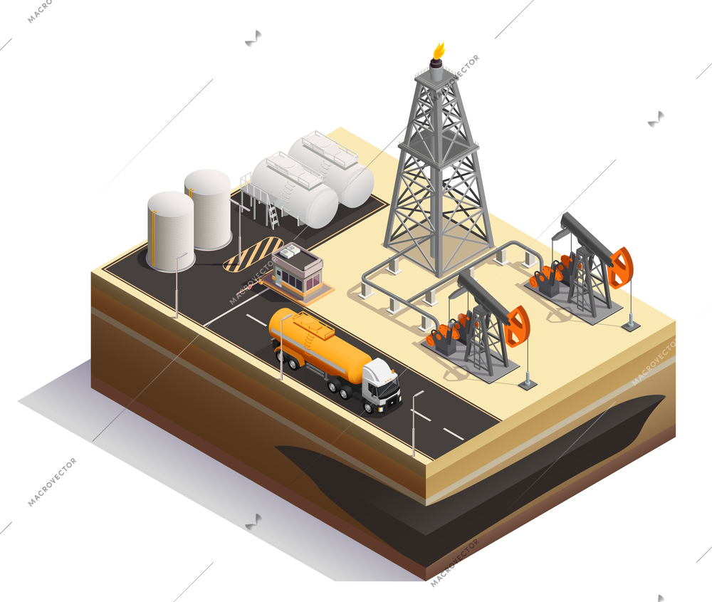 Oil petroleum extraction transportation production industry isometric composition  with pump jacks drilling rigs derrick tanks vector illustration