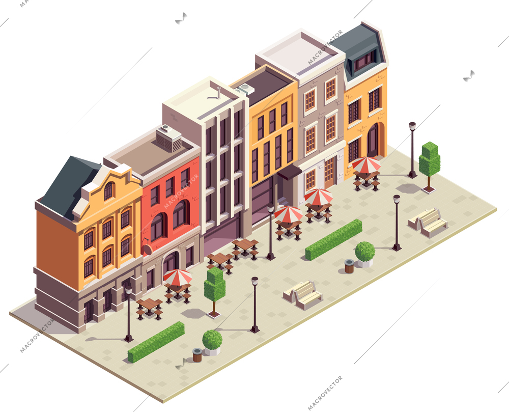 Modern city street isometric view with 5 colorful terraced houses lanterns benches outdoor bistro tables vector illustration