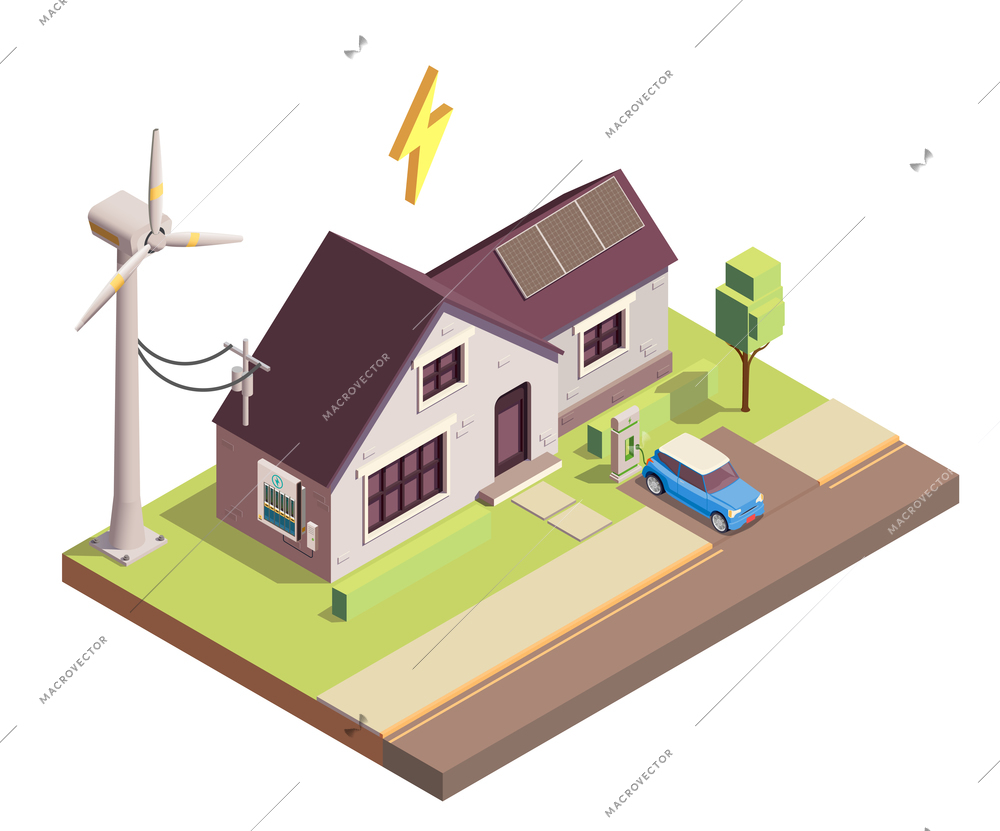 Green renewable energy production for home consumption isometric composition with wind and solar power generators vector illustration