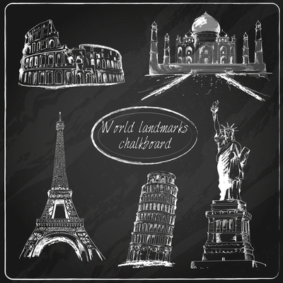 World landmark chalkboard set of Eiffel pisa towers colosseum isolated vector illustration.