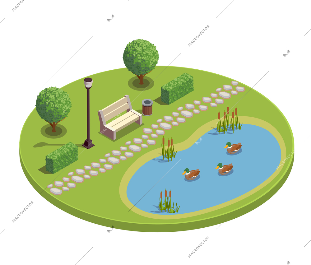 City park recreational area round isometric element with bench trees bushes pond plants reeds ducklings vector illustration