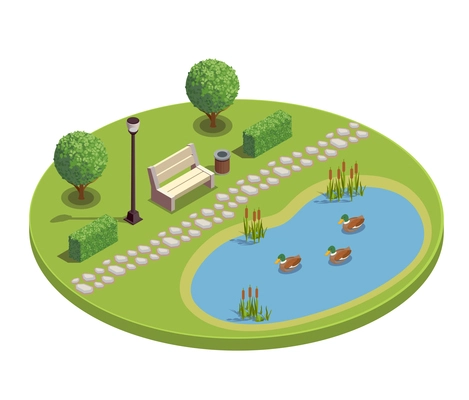 City park recreational area round isometric element with bench trees bushes pond plants reeds ducklings vector illustration