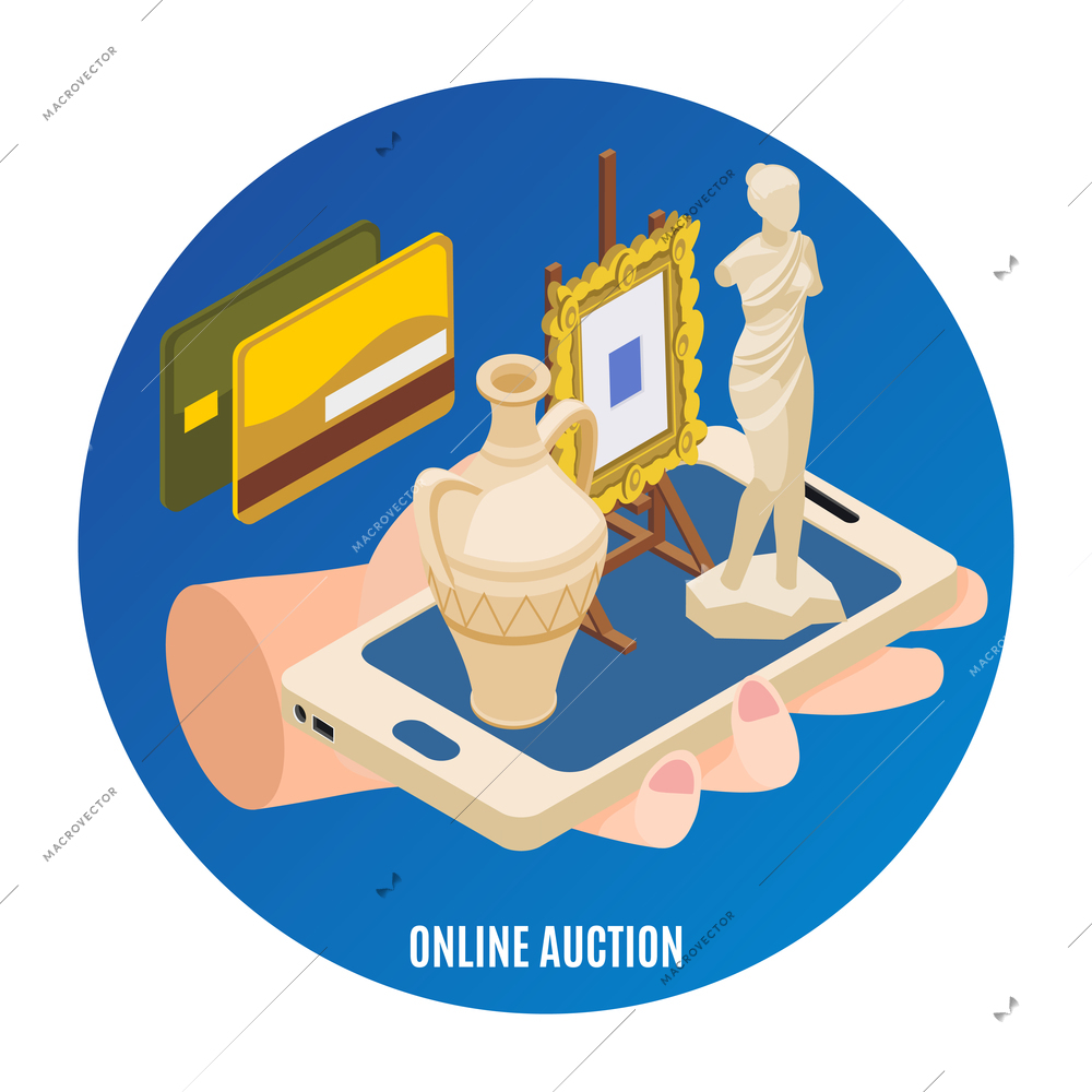 Auction isometric and colored background with online auction headline and abstract emblem vector illustration