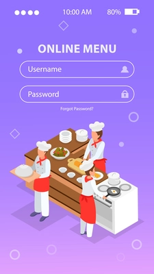 Isometric login form background with people cooking in restaurant kitchen 3d vector illustration