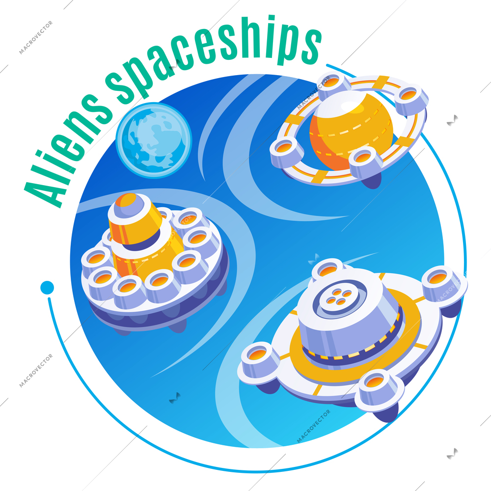 Aliens isometric and colored emblem with aliens spaceships headline and three aircrafts vector illustration