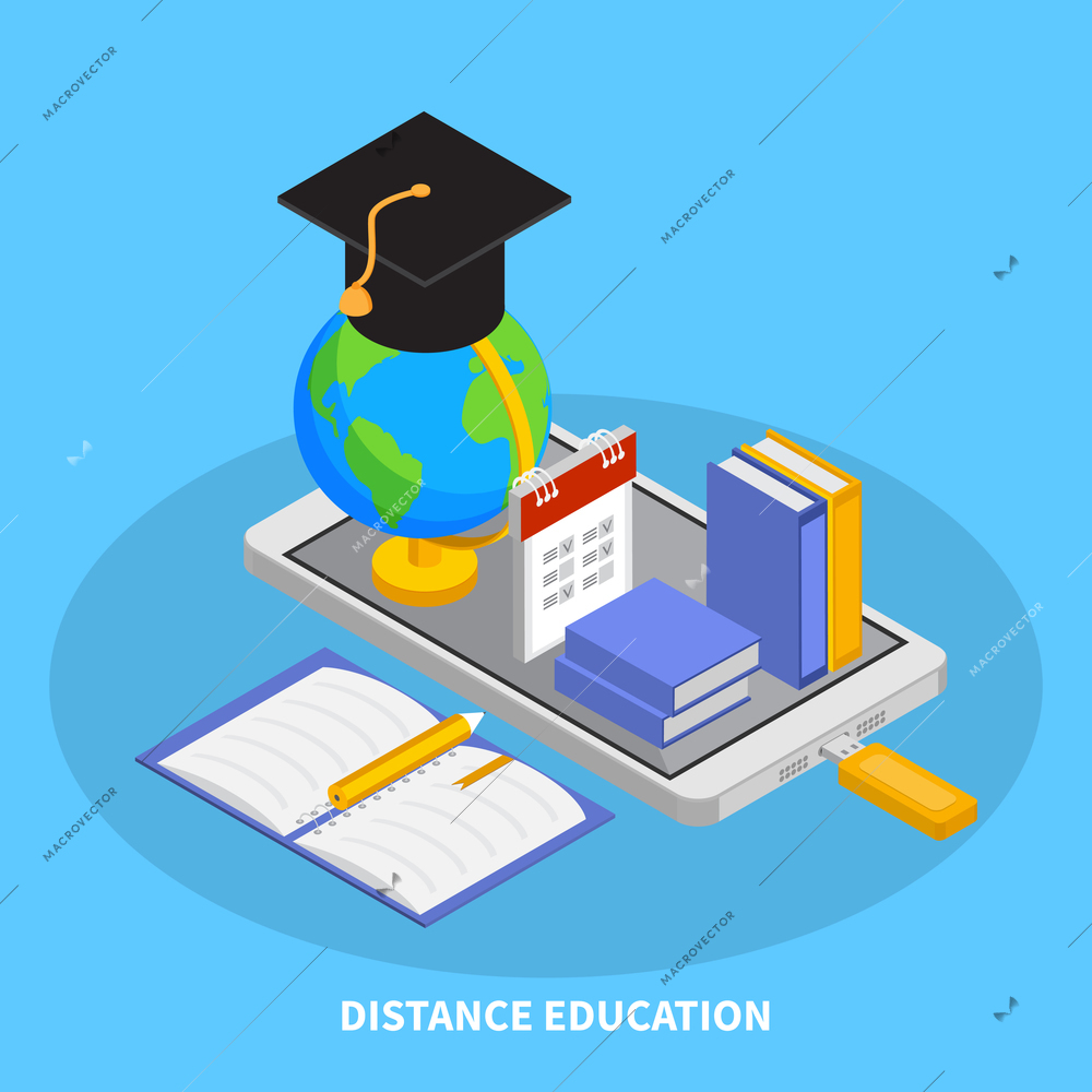 Online education composition with distance education symbols isometric  vector illustration