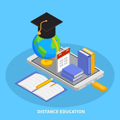 Online education composition with distance education symbols isometric  vector illustration