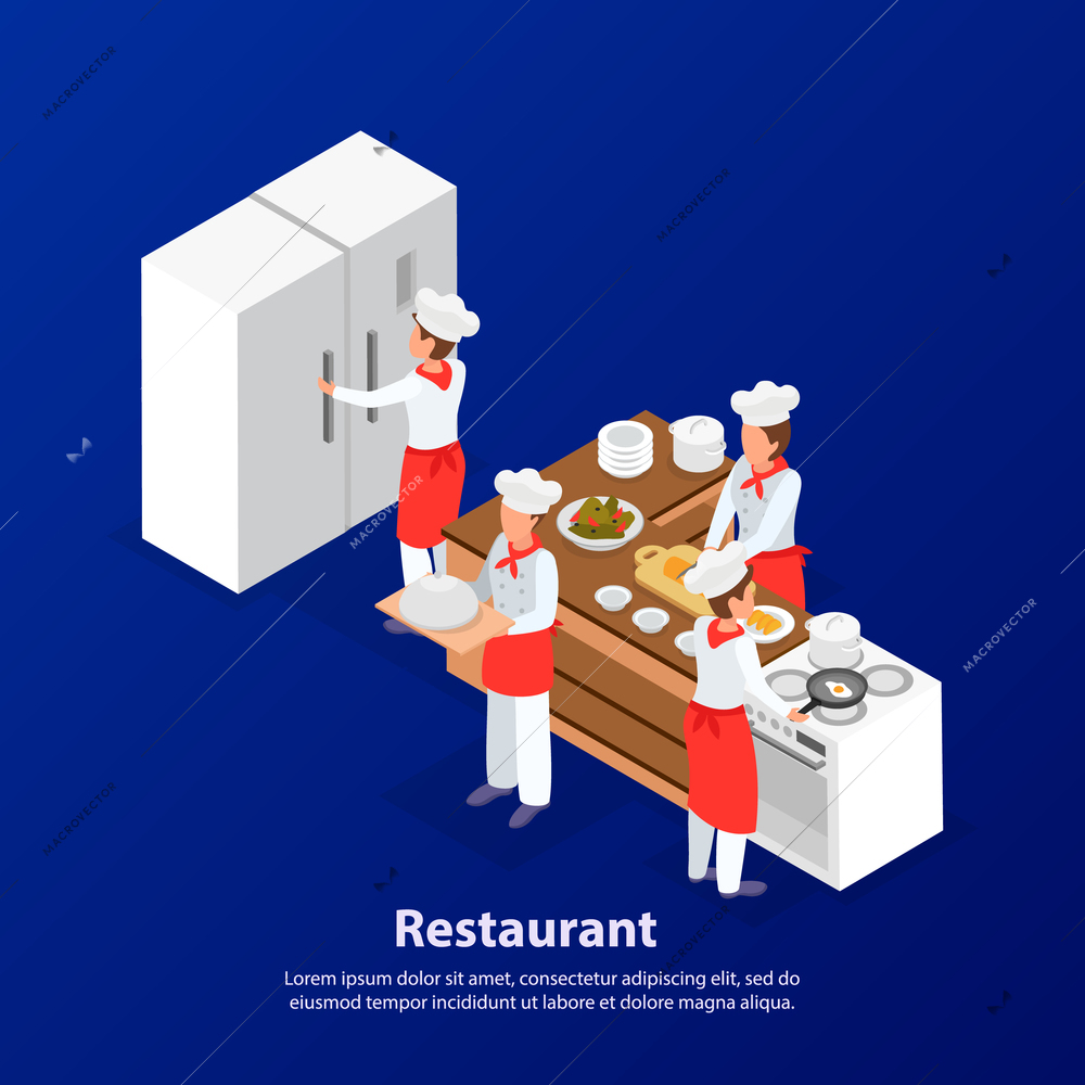 Restaurant staff cooking in kitchen om blue background isometric 3d vector illustration