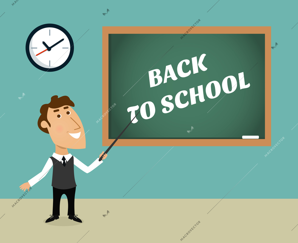 Back to school teacher pointing on blackboard scene vector illustration