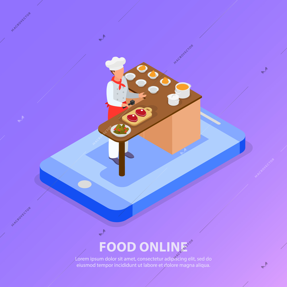 Isometric background with chef cooking italian food and smartphone concept 3d vector illustration