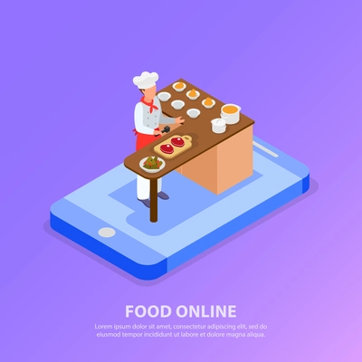 Isometric background with chef cooking italian food and smartphone concept 3d vector illustration
