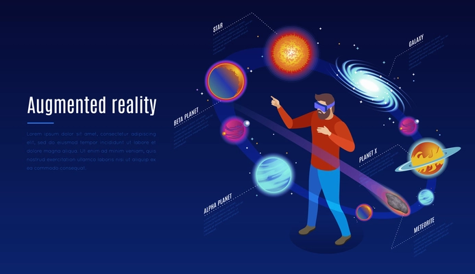 Astrophysics augmented reality application isometric composition with ar glasses open space experience among celestial bodies vector illustration