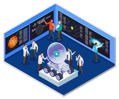 Astrophysics research center interior  isometric composition with scientists preparing for mobile radio telescope space mission vector illustration