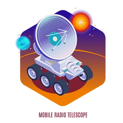 Astrophysics aerospace technology isometric background composition with mobile radio telescope mounted on all terrain rover vector illustration