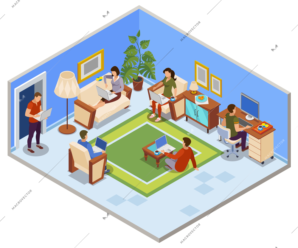 Typical freelance day isometric composition with people sharing working space in apartment cozy living room  vector illustration