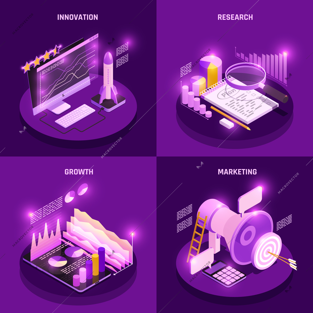 Business strategy isometric concept icons set with research and marketing symbols isolated vector illustration