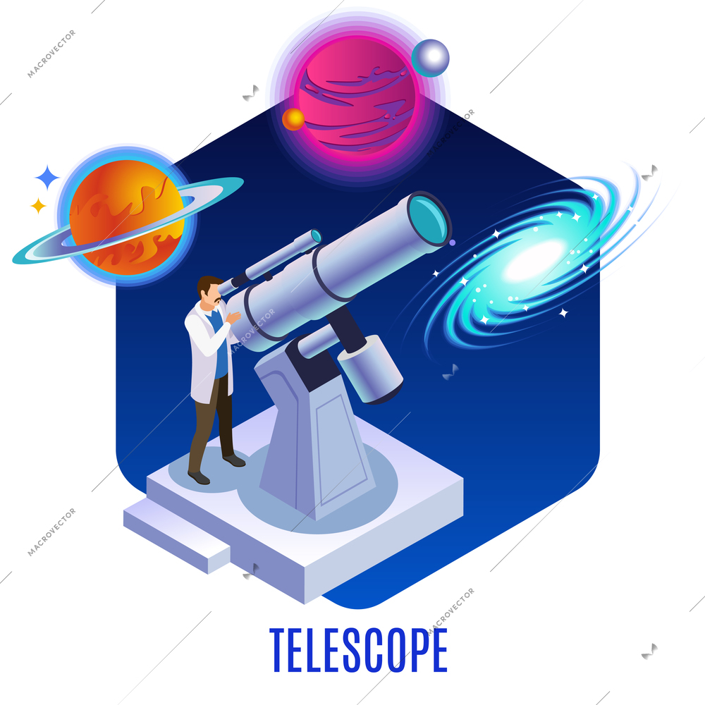 Astrophysics isometric background composition with astronomer observing colorful planets galaxy celestial bodies  with optical telescope vector illustration