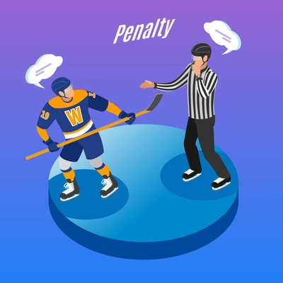 Ice hockey round isometric degrade background composition with referee sending offending player in penalty box vector illustration