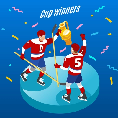 Ice hockey cup winners celebration isometric round composition with two  players with trophy festive background vector illustration