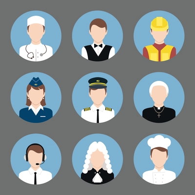 Avatar business users flat icons set of clerk chef construction worker priest isolated vector illustration