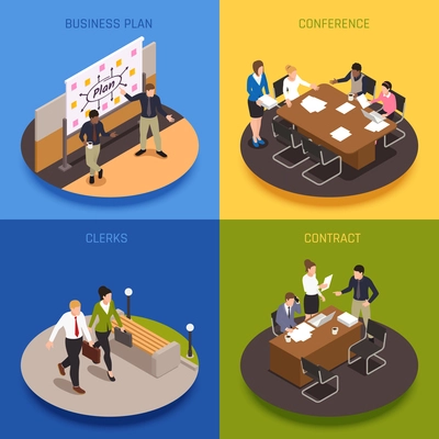 Business people concept isometric icons set with contracts and conference symbols isolated vector illustration