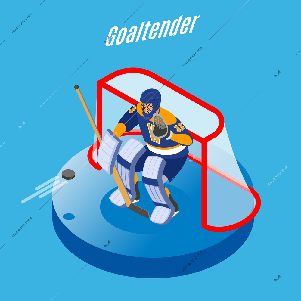 Ice hockey goaltender in full equipment protecting goal with stick round isometric composition blue background vector illustration