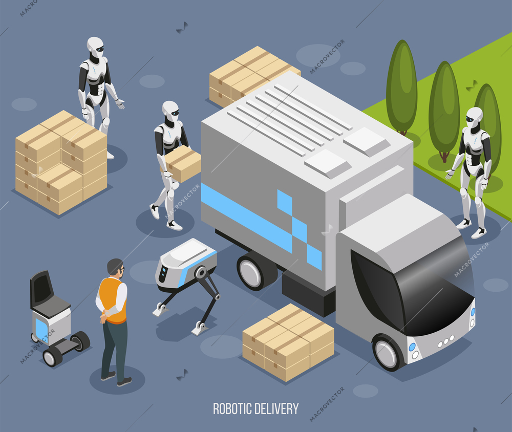 Robotic delivery system isometric composition with cute fully automated humanoids loading and unloading unmanned truck vector illustration