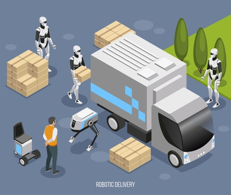 Robotic delivery system isometric composition with cute fully automated humanoids loading and unloading unmanned truck vector illustration