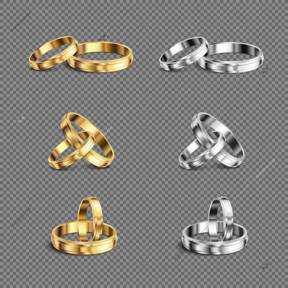 Matching gold platina his her wedding bands rings series 6 realistic sets transparent background isolated vector illustration