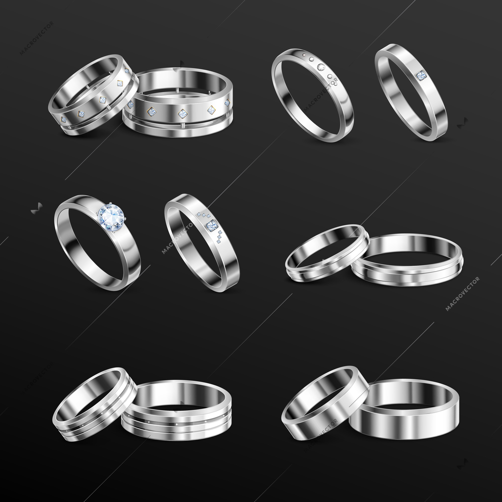 White gold platina noble metals wedding rings 6 realistic isolated sets jewelry against black background vector illustration