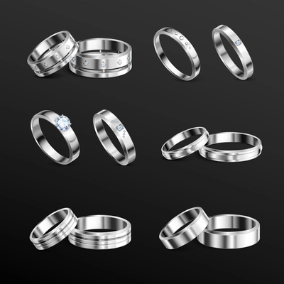 White gold platina noble metals wedding rings 6 realistic isolated sets jewelry against black background vector illustration