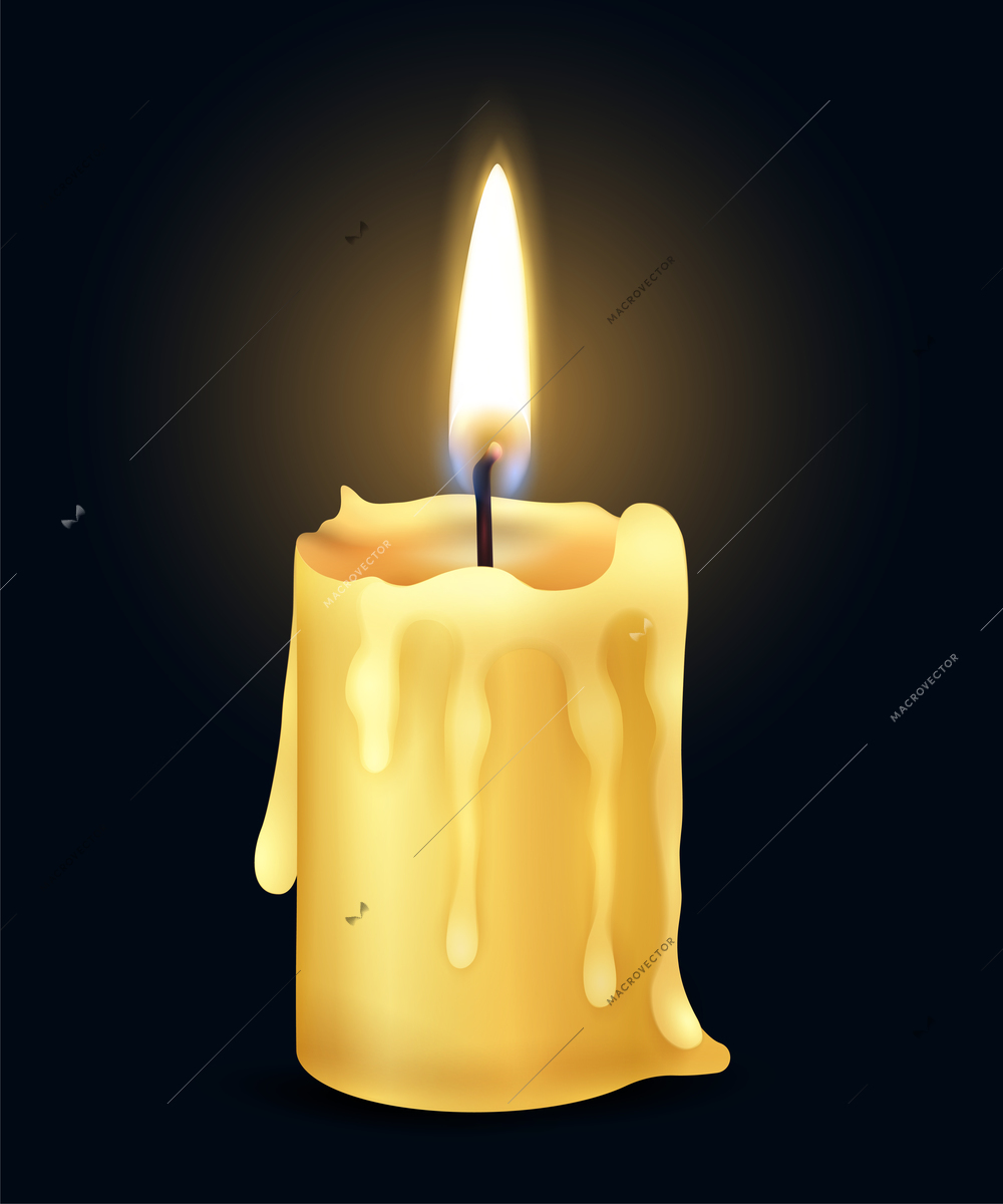 Isolated yellow realistic burning candle flame fire light composition in the dark vector illustration