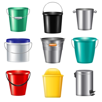 Nine isolated realistic buckets icon set plastic and metallic for different needs vector illustration