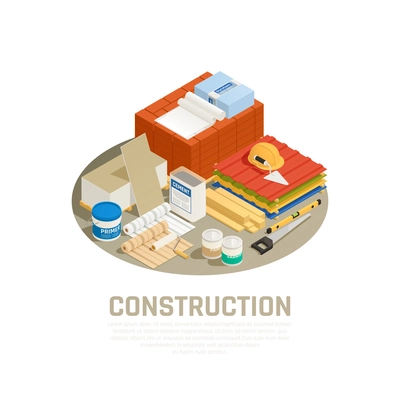 Construction industry concept with building and repairs equipment isometric vector illustration