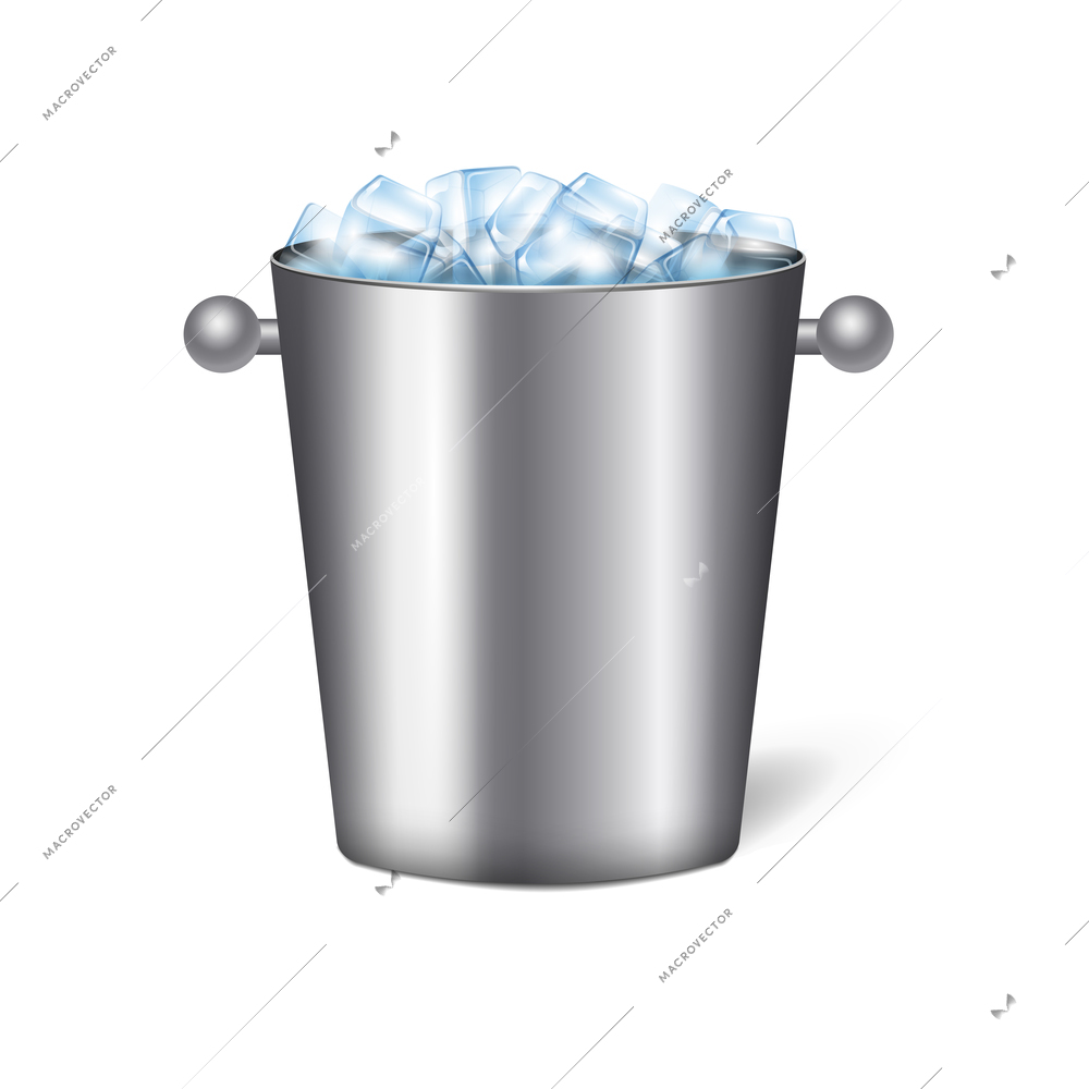 Colored isolated realistic champagne bucket ice composition metal bucket with round handles vector illustration