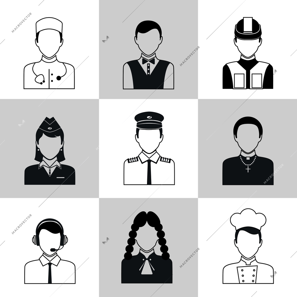 Avatar social network pictograms set of lawyer cook engineer doctor pilot isolated vector illustration