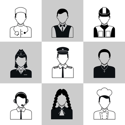 Avatar social network pictograms set of lawyer cook engineer doctor pilot isolated vector illustration