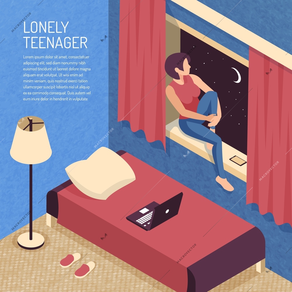 Isometric teenager background composition with view of domestic bedroom interior and teenage girl sitting on sill vector illustration