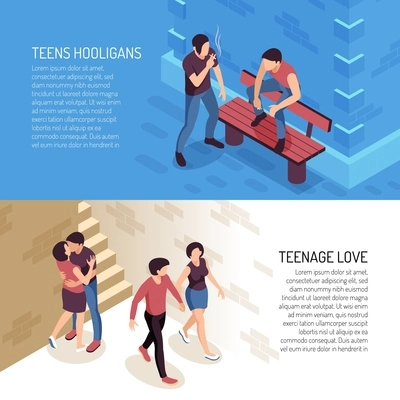 Isometric teenager banners with human characters of teenage people hooligans and couples in love with text vector illustration