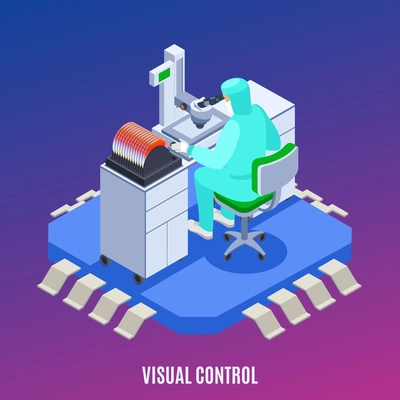 Semicondoctor production concept with visual control symbols isometric vector illustration