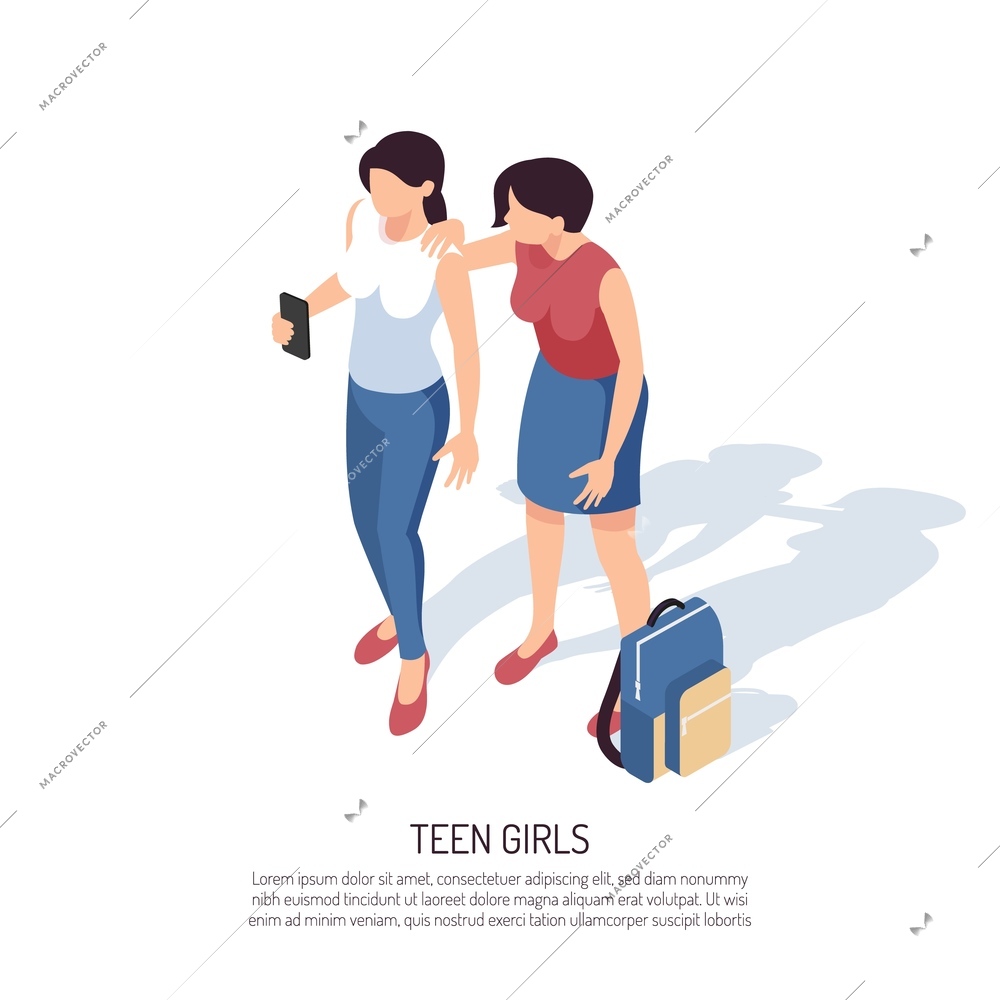 Isometric teenager background composition with human characters of two teenage girls with smartphone backpack and text vector illustration