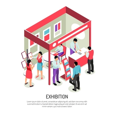 Isometric expo background composition with editable text and view of exhibition display with info stands racks vector illustration