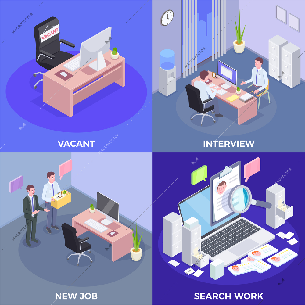 Recruitment isometric design concept with indoor views of job interview procedures conceptual pictogram icons and text vector illustration