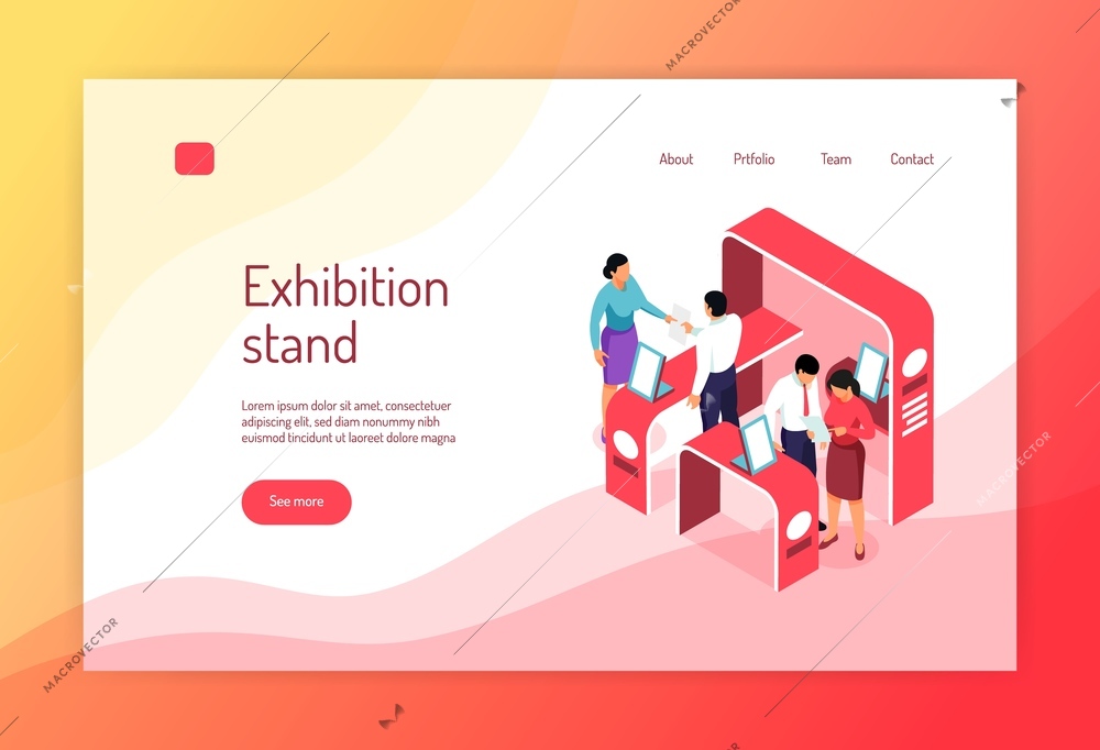 Isometric expo concept banner website page design with images of exhibit racks people and clickable links vector illustration