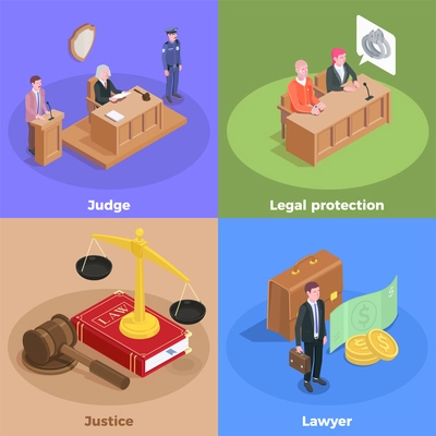 Law justice isometric design concept with icons amd human characters of court session participants with text vector illustration